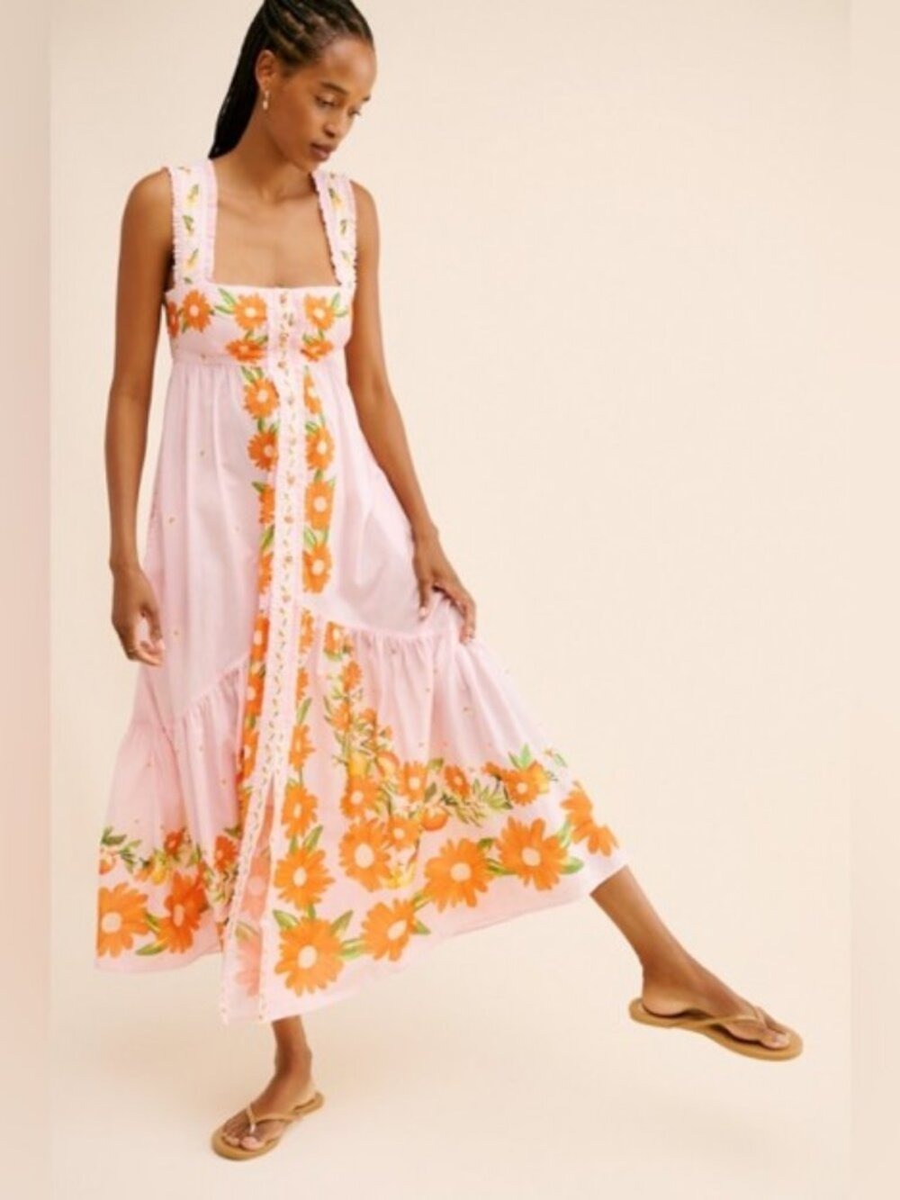 Farm Rio Papaya Salad Maxi Dress Pink Floral Button Front Back Bow M